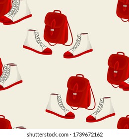 Seamless pattern with backpack and boots in a flat style. Leather bags and shoes. Autumn fashion accessory for for pupil, student, girl in casual style. Vector illustration for fabric, textile, poster