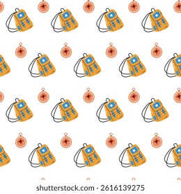 Seamless pattern with backpack and compass