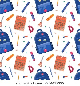 Patrón sin inconvenientes de mochila con papel diferente. De vuelta al concepto de escuela y educación. Antecedentes del envoltorio de diseño, textil, papel pintado, medios sociales, impresión