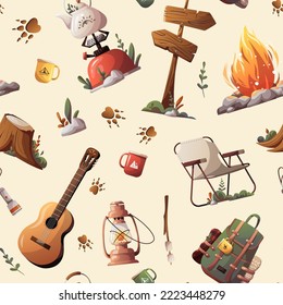 Seamless pattern with backpack, guitar, campfire, lantern. Camping, traveling, trip, hiking, nature, campsite concept. Vector illustration. Perfect for product design, wallpaper, wrapping paper.