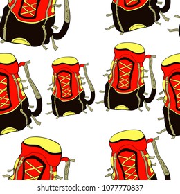 seamless pattern backpack for hiking in nature  vector illustration
