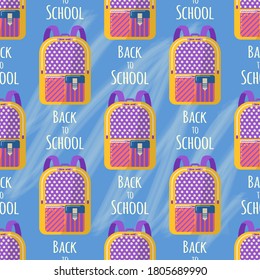 Seamless pattern with Backpack for school supplies. Vector Back to school background, bag with stationery. Office accessories.