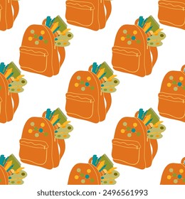 Seamless pattern of a backpack with school supplies, repeat pattern. Design for education, packaging, decorative stationery and various projects.