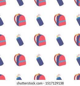 Seamless pattern with backpack and spray paint for fabric design. Abstract concept graphic element. Vector stationery pattern.