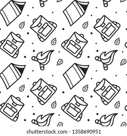 Seamless pattern of backpack, tent, bonfire.
