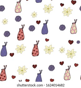 Seamless pattern with backpacks in different angles and flowers on a white background. Spring bags are suitable for printing on fabric and children's wallpaper.