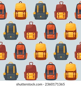 Seamless pattern of backpacks, school bags in cartoon flat style. Colorful travel bags on blue background. Vector illustration