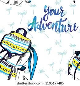 Seamless pattern with backpacks. Time to travel. Drawing by hand. Stylish summer background.