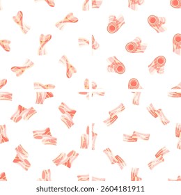 Seamless pattern with bacon slices rolling and unfolding on white background