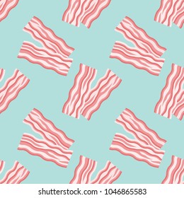 Seamless Pattern With Bacon Strips On Teal Background. Vector Texture.