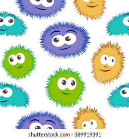 Seamless pattern bacteria with colorful monster face. Vector background with cartoon funny germs, cute monsters