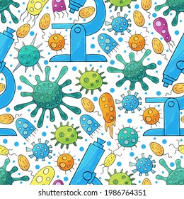 Seamless pattern bacteria, microbes. Search for viruses, microscope. Cartoon microbes in hand draw style. Coronavirus