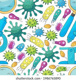 Bacterias y microbios de patrón sin foco. Buscar virus, microscopio, magnificador. Microbios de dibujos animados con estilo de dibujo a mano