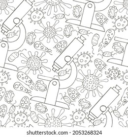 Seamless pattern bacteria and microbes. Search for viruses, microscope. Coloring microbes in hand draw style. Coronavirus, bacteria, microorganisms