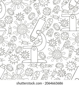Seamless pattern bacteria and microbes. Search for viruses, microscope. Coloring microbes in hand draw style. Coronavirus, microorganisms