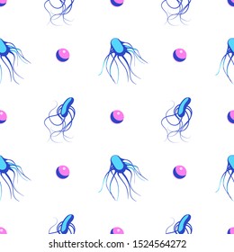 Seamless pattern with bacteria and pills on white background. Vector backdrop for medical illustrations, websites etc.