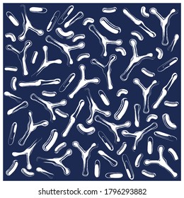 Seamless pattern with bacteria and probiotics. White icon on dark blue background. Vector Illustration. Lactic acid bacterium. 