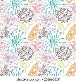 Seamless pattern with bacteria and viruses in a cartoon style, scientific background enlarged under the microscope