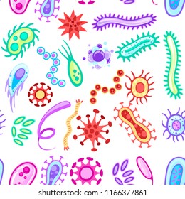 Seamless pattern. Bacteria and viruses. Colorful microorganisms collections. Flat vector bacteria, viruses, fungi, protozoa. Vector cartoon style illustration on white background.