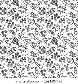 Seamless pattern with bacteria, viruses and germs. Microorganism cells repeating background for textil design, wrapping papper, wallpapper. Contour illustration.