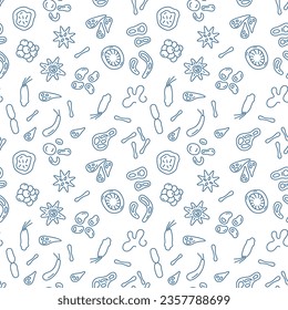 Seamless Pattern with bacteria, viruses and microbes concept blue thin line icons