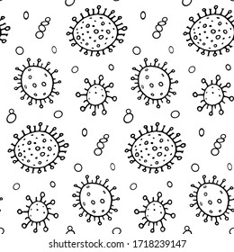 Seamless pattern bacterium virus vector illustration. Stop COVID-19. Black and white background, texture, wallpaper. Outline doodle