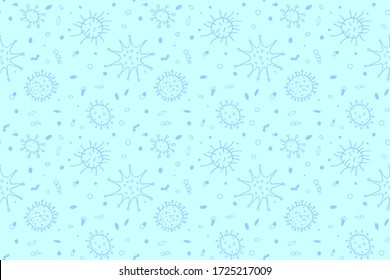 Seamless pattern bacterium virus vector illustration. Stop COVID-19. Outline doodle color background, texture