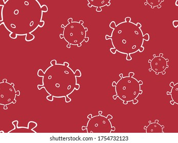 Seamless pattern bacterium virus vector illustration. Stop COVID-19. Outline doodle color background, texture. Contour drawing of virus cells on a red background. Design for quarantine events.