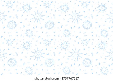 Seamless Pattern Bacterium Virus Vector Illustration. Stop COVID-19. Outline Doodle Color Background, Texture