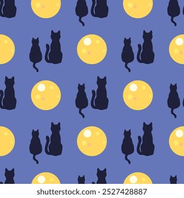 Seamless pattern with bad moon and black cats on isolated background. Hand drawn background for Halloween party decoration, scrapbooking, textile, greeting cards design, wall paper.