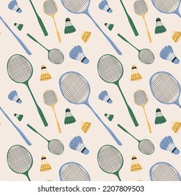 Seamless pattern  with Badminton racket and  shuttlecocks on white background. Equipments for badminton game sport. Vector illustration