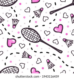 Patrón sin inconvenientes con raquetas de bádminton, barquillo y corazones sobre un fondo blanco. Fondo de diseño para textiles, tarjetas, impresos y otros deportes.