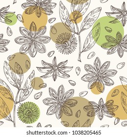 Seamless pattern with badyan, star anise: fruit, flower, star anise seeds and leaves. Vector hand drawn illustration.