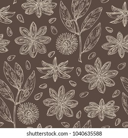 Seamless pattern with badyan, star anise: fruit, flower, star anise seeds and leaves. Vector hand drawn illustration.