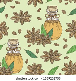 Seamless pattern with badyan, star anise and bottle of star anise essential oil. Cosmetic, perfumery and medical plant. Vector hand drawn illustration.