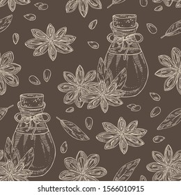 Seamless pattern with badyan, star anise and bottle of star anise essential oil. Cosmetic, perfumery and medical plant. Vector hand drawn illustration.