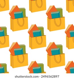 Seamless pattern of a bag with books, repeating the pattern. Design for education, packaging, decorative stationery and various projects.