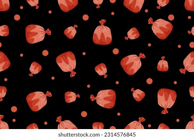 Seamless pattern with bag. Endless ornament with Bag of gifts on black background. Vector illustration. Wallpaper and bed linen print.