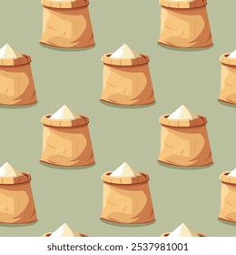 Seamless pattern bag of flour, bread, powder, mill, grind, wheat, grain, cardboard vector illustration