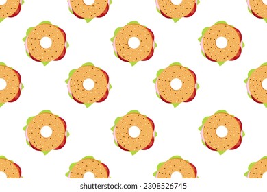 Seamless pattern with Bagel isolated on white background. Beigel with tomatoes, salad and ham slice. Vector illustration. Wallpaper and bed linen food print.