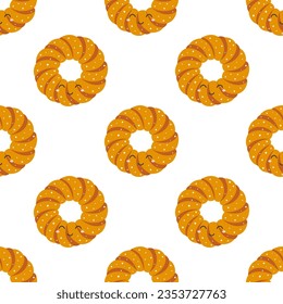 seamless pattern with bagel isolated on white background, vector illustration with cartoon bread and bakery characters, simple food print