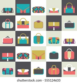 Seamless pattern with bags and clutches in various shapes and sizes. Geometric vector illustration, based on dark and white squares and women bags. Bright stylish design for fashion purposes