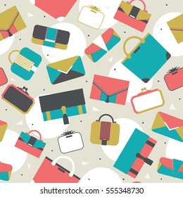 Seamless pattern bags and clutches in various shapes and sizes. Geometric vector illustration with white circles, dots and triangles, women bags. Bright stylish design for fashion purposes.