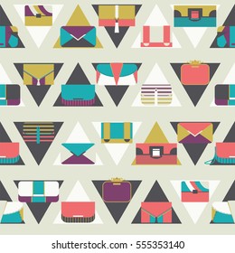 Seamless pattern with bags and clutches in various shapes and sizes. Geometric vector illustration, based on dark and white triangles and women bags. Bright stylish design for fashion purposes
