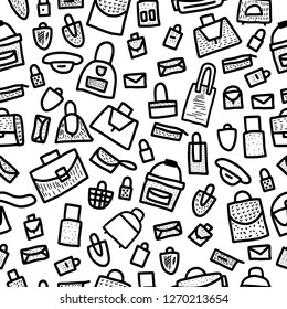 Seamless pattern  of bags in doodle style. Hand drawn woman accessories background. Vector black and white design sketch illustration.