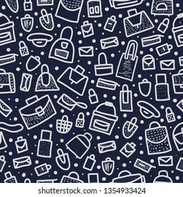 Seamless pattern  of bags in doodle style. Hand drawn woman accessories background. Vector illustration.