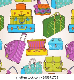 Seamless pattern with a lot of bags and suitcases. Go on holiday with luggage.