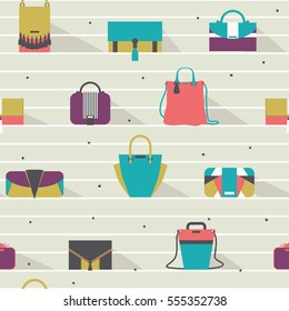 Seamless pattern with bags in various shapes and sizes. Geometric vector illustration, based on white stripes and shadows from women bags. Bright stylish design for fashion purposes.