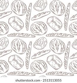 Seamless pattern with baguette and loaf bread in line art style. French bakery. Design for wallpaper, backdrop, background, cards and cafe food menu.