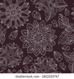 seamless pattern in baho style, round abstract flowers on dark purple background, print for packaging, textiles, fabrics, vector illustration